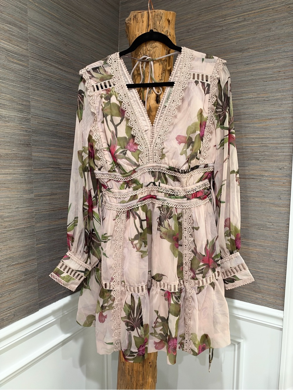 All Saints Blush Floral Lace-Trim Long Sleeve Women’s Dress